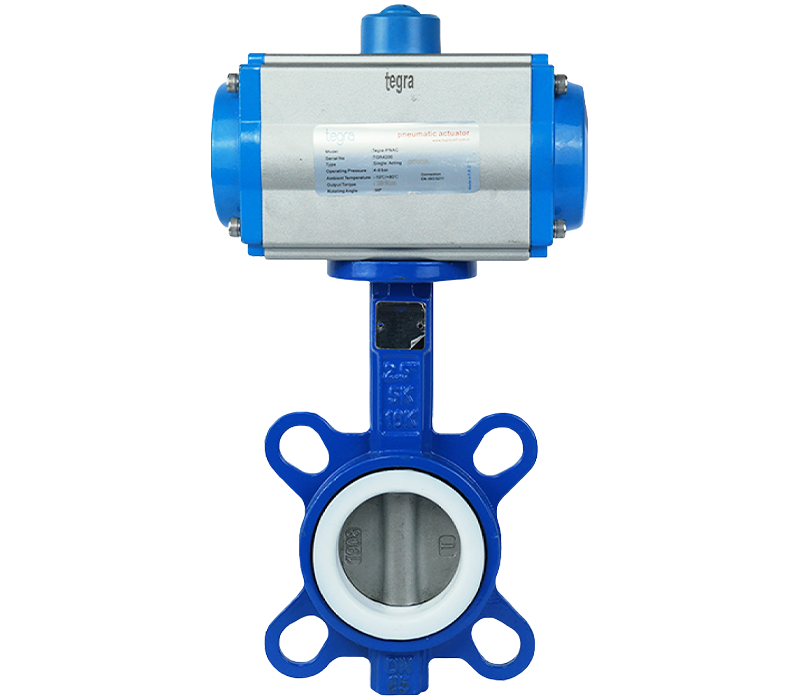 Wafer Type Teflon Gasket Butterfly Valve, With Pneumatic Actuator
