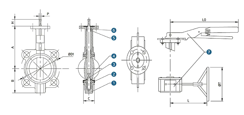 Wafer Type Butterfly Valve with Teflon Gasket Technical Drawing